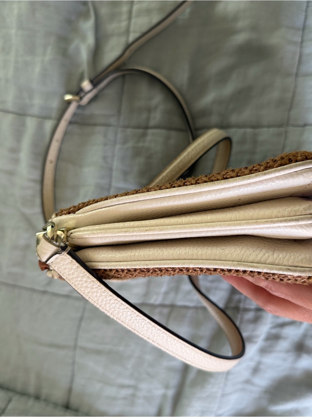 Kate Spade Straw Raffia Crossbody Tan Cream Leather Trim - Picture 7 of 8